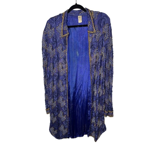 Gunit Womens Beaded Sheer Royal Blue Long Jacket XL 100% Rayon Made In India - Picture 5 of 14
